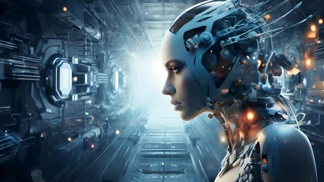A female android with an exposed cybernetic structure looks towards a bright light in a futuristic corridor