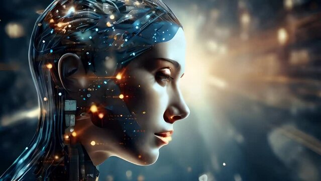 A profile view of a female android with a transparent head and neck, revealing a network of blue-lit circuits and a realistic human face