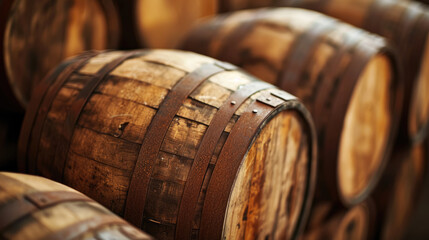 Wine barrels in the cellar. Close-up.