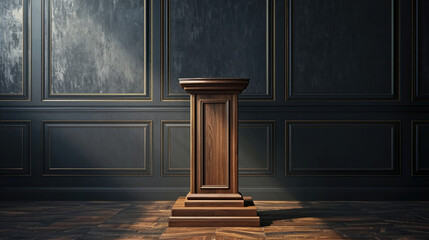 Wooden speech stand on beautiful gray wall background for design.. - obrazy, fototapety, plakaty