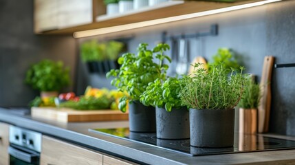 Modern kitchen with wooden features, sleek design, highlighted by New Naturalism colors, fresh herbs on counter