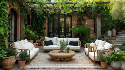 Patio Space with a Mix of Terracotta and Black, White Cushioned Seating, and Lush Green Plants