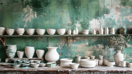Fototapeta na wymiar Studio Focused on Terracotta Pottery, Featuring White Clay Works with a Rich Green Backdrop