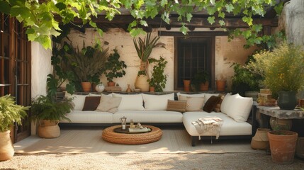 Fototapeta na wymiar Outdoor Patio Design in Terracotta and Black, Adorned with White Cushions and Surrounded by Greenery