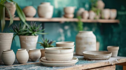 Deep green walls provide a striking backdrop for white clay pieces in a terracotta pottery studio - obrazy, fototapety, plakaty