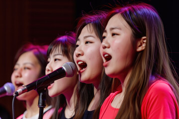Korean girls singing in a K-Pop group on stage
