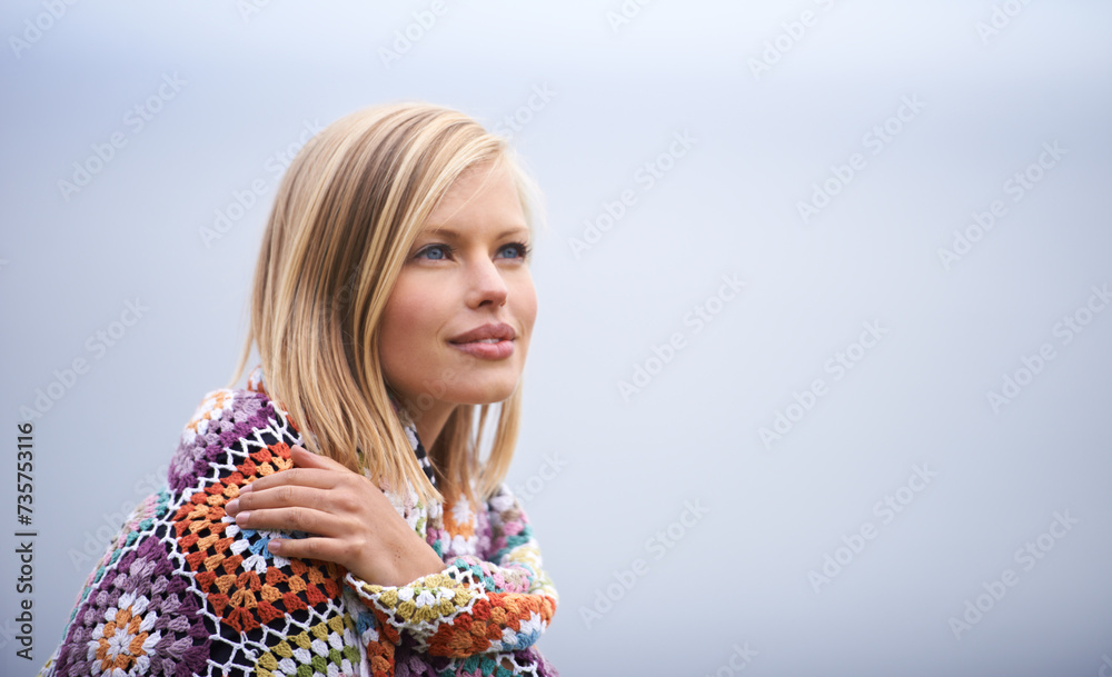 Wall mural thinking, clouds and woman with blanket in nature for adventure on holiday, vacation and weekend out