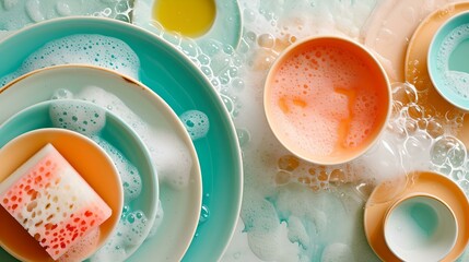 Colorful dishware soaking in sudsy water, kitchen cleaning routine. fresh and clean concept. homely scene with soapy dishes. AI - obrazy, fototapety, plakaty
