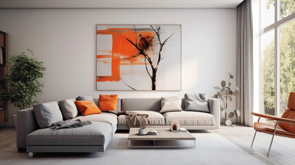 A minimalistic living room with white walls, a sleek gray sofa, and pops of vibrant orange in the decor.