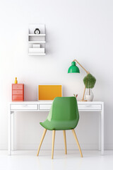 A minimalistic office mockup with a clean, white work desk, a pop of vibrant green in the chair, and a colorful desk organizer.