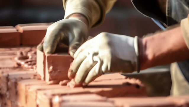 Wearing an apron stained with fragments of mortar a determined Bricklayer grips the edges of a fresh red brick and adds to the beautiful mosaic of the structure he works on.