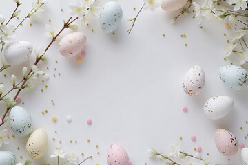 Fototapeta na wymiar easter card, easter bunny with eggs, easter eggs and flowers, easter eggs in a basket, easter eggs and flowers on a white background, easter wall paper and background for social media 