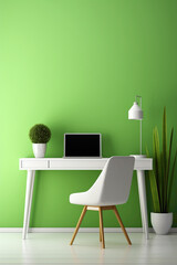 A mockup of a colorful office interior with a sleek white desk, a vibrant green chair, and minimalist desk accessories.