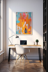 A mockup of a colorful office interior with a sleek white desk, a vibrant blue chair, and minimalist wall art.