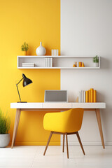 A mockup of a colorful office interior with a sleek white desk, a vibrant yellow chair, and minimalist wall shelves.