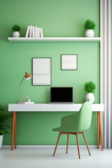 A mockup of a colorful office interior with a sleek white desk, a vibrant green chair, and minimalist desk accessories.