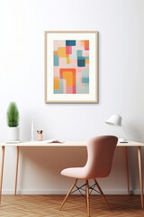 A mockup of a modern office space with a minimalist desk, a colorful abstract art print on the wall, and a simple, comfortable chair.