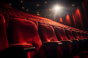 Vintage red theater seats in a row, awaiting an audience's return, AI Generative.