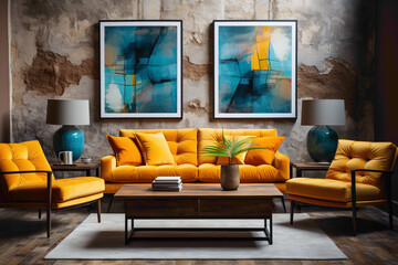 Step into a room of vibrancy with blue and yellow sofas creating a balanced composition around a wooden table. 
