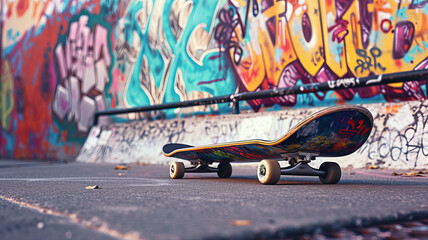 Colorful skateboard on gritty concrete, the spirit of street art radiating youth. AI Generative.