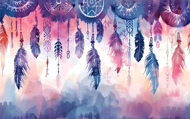 Colorful Watercolor Background with Dreamcatchers and Feathers