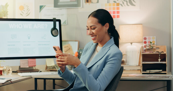 Phone, happy and businesswoman in the office typing a text message on social media or the internet. Smile, technology and professional female creative designer scroll on cellphone in the workplace.
