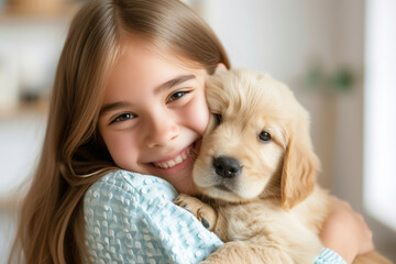 Beautiful little girl with golden retriever puppy.