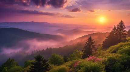 Sunrise over the Smoky Mountains, a stunning display of light and color - AI Generative.