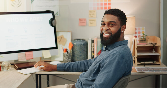 Office, green screen or happy web designer on computer to research software, website or digital transformation. Smile, face or black man at desk for copywriting branding, advertising or mockup space