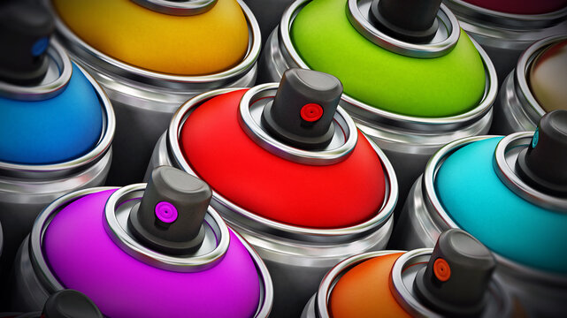 Colorful spray cans without caps background. 3D illustration