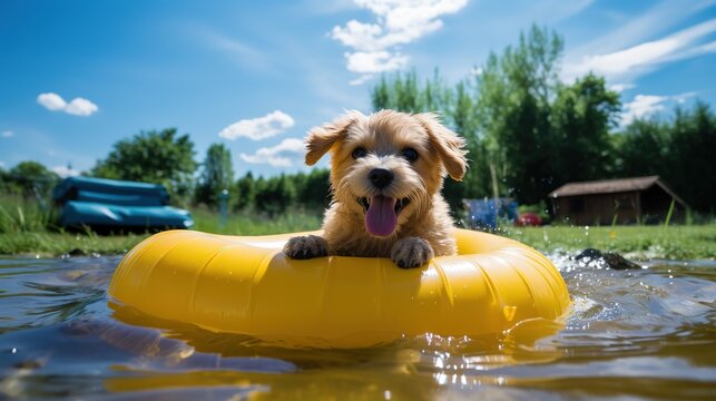 Summer_vacation_in_the_countryside_happy_dog_swims ai genertaed image
