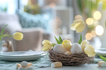 easter card, easter bunny with eggs, easter eggs and flowers, easter eggs in a basket, easter eggs and flowers on a white background, easter wall paper and background for social media	