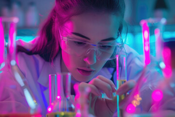 Female students are happily doing experiments in the school's chemistry laboratory