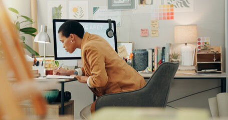 Planning ideas, office and a black woman with a notebook for business, project inspiration or...