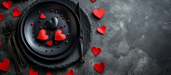 A black plate adorned with red hearts, surrounded by silverware, placed on a table with a decorative flower in the center