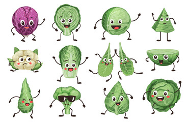Obraz premium Cartoon cabbage characters. Vegetable faces with different emotions, funny brussels sprouts cabbage and cauliflower faces with emotions. Vector comic characters set