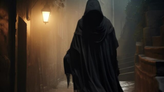 A faceless messenger wrapped in a dark cloak a single lamp in their hand casting a dismal light on an old cobblestone path leading