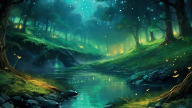 An emerald valley filled with fireflies and the playful laughter of fairies dancing Fantasy art concept. .