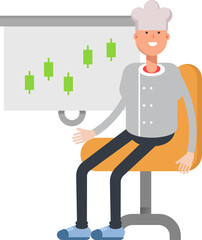 Chef Character Presenting Candlestick Chart
