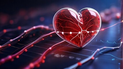 Heart-shaped crystal immersed in a dynamic bloodstream, symbolizing technological advancements in heart health monitoring. health science background