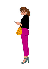 Business woman standing with phone full length side view. Young girl wearing smart casual office outfit and high heels using smartphone, Chatting, texting, watching news. Vector outline illustration.