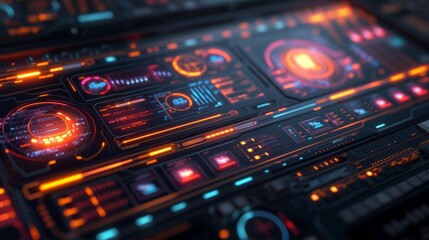 Complex futuristic interface with glowing orange and blue details