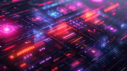 Detailed technological interface with vibrant neon circuitry and lights