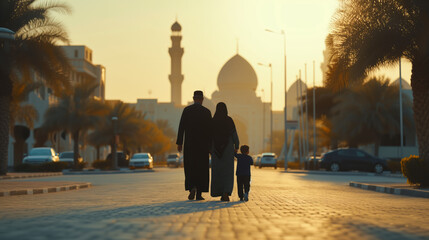 Happy Islamic oriental family going to prayer in a mosque temple, Quran