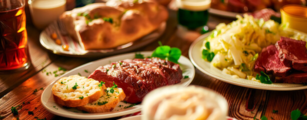 A close-up shot of a traditional St. Patrick’s Day feast served on a rustic wooden table - obrazy, fototapety, plakaty