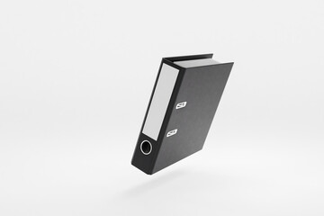 single black folder document binder floating and falling over clean surface; object isolated on infinite background; 3D rednering