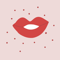 Woman red lipstick kissing isolated and red dots on pink background. mouth vector.
