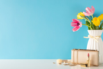 Mother's Day and 8 March theme. Table side view featuring women's essentials like gold jewelry, makeup brushes, lipstick, designer bag, and tulips in a vase against a soft blue backdrop for text
