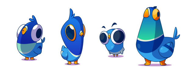 Pigeon funny cartoon character set. Vector illustration collection of different blue wild city dove with dumb face expression. Various comic bird mascot with beak and wings standing and watching.