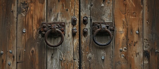 A close up of a brown hardwood door with metal handles, door knocker, and wood stain fixture.